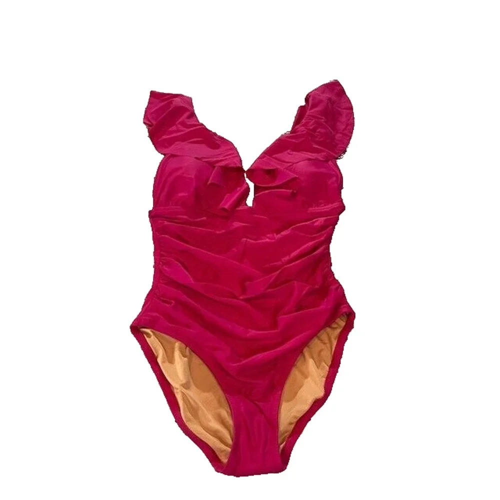 J.Crew Womens‎ Ruched Ruffle One Piece Swimsuit Beach Fuchsia Pink Size 8 NWT